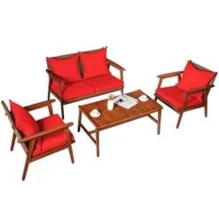 Costway 4PCS Patio Rattan Furniture Set Acacia Wood Frame Cushioned Sofa Chair -Outdoor Deals Garden Store GUEST 23363c68 1cb2 406f 94b6 f6e8b6bb5c38