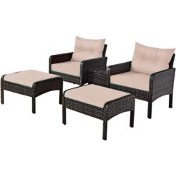 Costway 5 PCS Rattan Wicker Furniture Set Sofa Ottoman W/Brown Cushion Patio Garden Yard -Outdoor Deals Garden Store GUEST 25b502d0 9006 4fab bf23 53a08a9817c2
