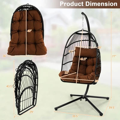 Costway Patio Hanging Egg Chair With Stand Waterproof Cover Folding Basket Cushion GreyBrown 3 Costway Patio Hanging Egg Chair With Stand Waterproof Cover Folding Basket Cushion GreyBrown - Image 3