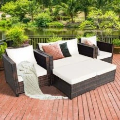Costway 5PCS Patio Rattan Furniture Set Loveseat Sofa Ottoman Cushioned RedWhite -Outdoor Deals Garden Store GUEST 2794ce87 446e 4421 b4f7 366a7e3d86c2