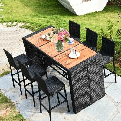 COSTWAY 7 PCS Patio Rattan Wicker Bar Dining Furniture Set Wood Table Top 6 Stools 1 COSTWAY 7 PCS Patio Rattan Wicker Bar Dining Furniture Set Wood Table Top 6 Stools