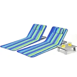 Costway 3-Piece Beach Lounge Chair Mat Set 2 Adjustable Lounge Chairs With Table BlueStripe -Outdoor Deals Garden Store GUEST 296704f9 9fe9 43e3 a132 b6cd61005709