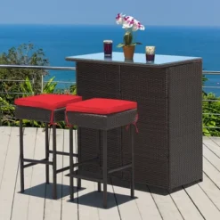 Costway 3PCS Patio Rattan Wicker Bar Table Stools Dining Set Cushioned Chairs Garden Red -Outdoor Deals Garden Store GUEST 296d1386 dd81 42c7 874c d5d9b33daf41