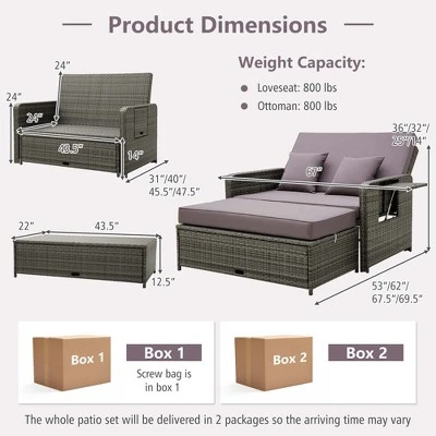 Costway Patio Rattan Daybed Set Wicker Loveseat Sofa With Ottoman & Retractable Side Tray 2 Costway Patio Rattan Daybed Set Wicker Loveseat Sofa With Ottoman & Retractable Side Tray - Image 2