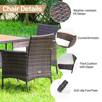 Costway 5PCS Patio Rattan Dining Furniture Set Arm Chair Wooden Table Top 6 Costway 5PCS Patio Rattan Dining Furniture Set Arm Chair Wooden Table Top - Image 6