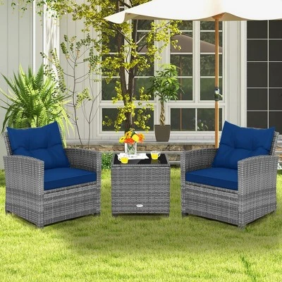 Costway 3PCS Patio Rattan Furniture Bistro Set Cushioned Sofas Side Table Armrest 1 Costway 3PCS Patio Rattan Furniture Bistro Set Cushioned Sofas Side Table Armrest