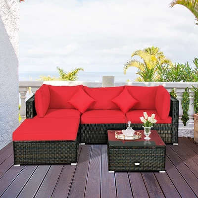 Costway 5PCS Outdoor Patio Rattan Furniture Set Sectional Conversation W/Red Cushions 4 Costway 5PCS Outdoor Patio Rattan Furniture Set Sectional Conversation W/Red Cushions - Image 4