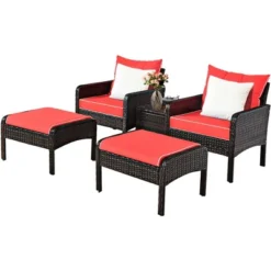 Costway 5 PCS Patio Rattan Furniture Set Sofa Ottoman Table W/Cushion Garden Red