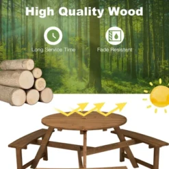 Costway 6-person Round Wooden Picnic Table Outdoor Table W/ Umbrella Hole & Benches -Outdoor Deals Garden Store GUEST 2ca452dd dcc4 413f a422 5fc541b0dc81