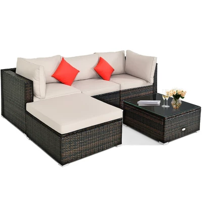 Costway 5PCS Outdoor Patio Rattan Furniture Set Sectional Conversation Beige Cushion 1 Costway 5PCS Outdoor Patio Rattan Furniture Set Sectional Conversation Beige Cushion