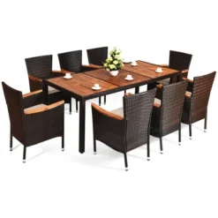 Costway 9PCS Patio Rattan Dining Set 8 Chairs Cushioned Acacia Table Top