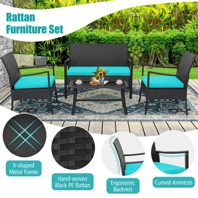 Costway 4PCS Patio Wicker Furniture Set Cushioned Chairs& Loveseat With Coffee Table Garden 5 Costway 4PCS Patio Wicker Furniture Set Cushioned Chairs& Loveseat With Coffee Table Garden - Image 5
