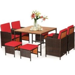 Costway 9PCS Patio Rattan Dining Set Cushioned Chairs Ottoman Wood Table Top WhiteRed -Outdoor Deals Garden Store GUEST 2f4f94bb 24de 41a6 b33d 3bfcd7d8577d