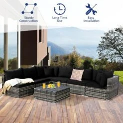 Costway 7PCS Patio Rattan Furniture Set Sectional Sofa Garden Black Cushion -Outdoor Deals Garden Store GUEST 33395aae 5772 46f9 9d07 ef5817fb9d74