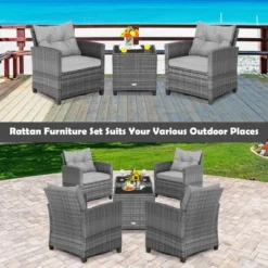 Costway 3PCS Patio Rattan Furniture Bistro Set Cushioned Sofas Side Table Armrest Grey -Outdoor Deals Garden Store GUEST 3397cd48 f520 4723 9577 af16333c3fba