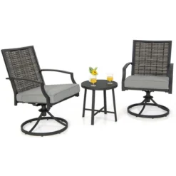 Costway 3 PCS Patio Swivel Chair Set Coffee Table Wicker Cushioned Seat Balcony Porch -Outdoor Deals Garden Store GUEST 339bd412 5288 43d1 a0ab df30fd055130