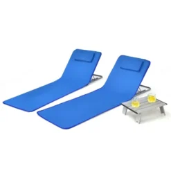 Costway 3-Piece Beach Lounge Chair Mat Set 2 Adjustable Lounge Chairs With Table BlueStripe -Outdoor Deals Garden Store GUEST 339eb215 1e39 4e58 9a3b 37c59ca7dc54