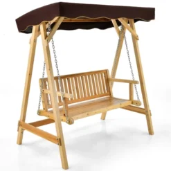 Costway 2 Person Wooden Garden Canopy Swing A-frame With Weather-resistant Canopy