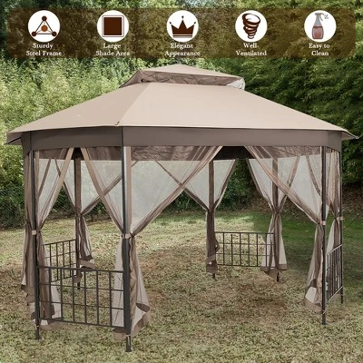 Costway 10' X 12' Octagonal Patio Gazebo Canopy Shelter Double Top W/Netting Sidewalls 4 Costway 10' X 12' Octagonal Patio Gazebo Canopy Shelter Double Top W/Netting Sidewalls - Image 4