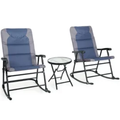 Costway 3PCS Folding Bistro Set Rocking Chair Cushioned Table Garden Blue -Outdoor Deals Garden Store GUEST 373f7665 3045 4352 8b45 8f2da8ac7772