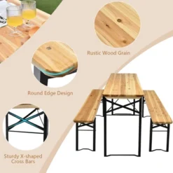 Costway 3 PCS Beer Table Bench Set Folding Wooden Top Picnic Table Patio Garden -Outdoor Deals Garden Store GUEST 37fb79d7 f6c3 4d0b af49 32a39b6b4407