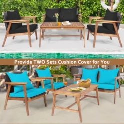 Costway 4PCS Patio Rattan Furniture Set Wooden Cushioned Sofa With Black & Turquoise Cover -Outdoor Deals Garden Store GUEST 380698d0 b269 49f0 bbf5 ae033e7cf2ef