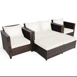 Costway 5PCS Patio Rattan Furniture Set Loveseat Sofa Ottoman Cushioned RedWhite -Outdoor Deals Garden Store GUEST 3850caa9 1c66 495d ba9a 5c23c3bf63d8