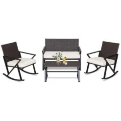 Costway 4PCS Patio Rattan Wicker Rocking Chairs Loveseat Table Rocker Set Cushions Porch