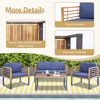 Costway 4pcs Patio Acacia Wood Chair Table Loveseat Cushioned Furniture Set Outdoor Navy 4 Costway 4pcs Patio Acacia Wood Chair Table Loveseat Cushioned Furniture Set Outdoor Navy - Image 4