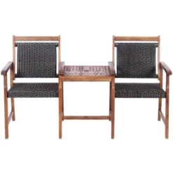 Costway 2-Seat Patio Rattan Bench Acacia Wood Frame Table W/Umbrella Hole Deck -Outdoor Deals Garden Store GUEST 398f82b9 00eb 4b96 8cea 56f461c3ae63