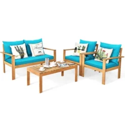 Costway 8PCS Patio Furniture Set Acacia Wood Thick Cushion Loveseat Sofa Off WhiteTurquoiseGrey -Outdoor Deals Garden Store GUEST 3a01963d 4fa1 442e b2fd 81574e0d422d