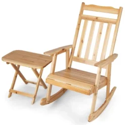 Costway 2PCS Patio Wooden Rocking Chair Bistro Set High Backrest W/Folding Side Table -Outdoor Deals Garden Store GUEST 3a56a28b 3629 4d20 89ff 247ac7bad920