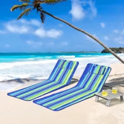 Costway 3-Piece Beach Lounge Chair Mat Set 2 Adjustable Lounge Chairs With Table BlueStripe -Outdoor Deals Garden Store GUEST 3a580568 af17 4593 95e7 9dea21274b85