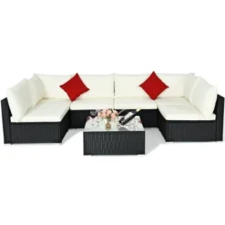 Costway 7PCS Patio Rattan Furniture Set Sectional Sofa Cushioned Glass Table Steel Frame -Outdoor Deals Garden Store GUEST 3a6f8ef0 9eb8 42b3 aaba fc46919eff4f
