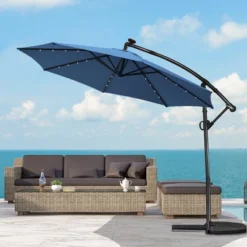 Costway 10FT Patio Offset Umbrella Solar Powered LED 360Degree Rotation Aluminum Blue -Outdoor Deals Garden Store GUEST 3a846b57 c459 4980 9469 d707e1164eaf