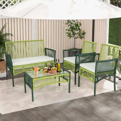 Costway 4PCS/8PCS Patio Round Wicker Conversation Set With Cushions Tempered Glass Side Table 4 Costway 4PCS/8PCS Patio Round Wicker Conversation Set With Cushions Tempered Glass Side Table - Image 4