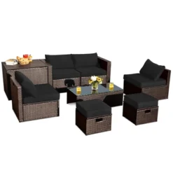Costway 8PCS Patio Rattan Furniture Set Space-Saving Storage Cushion BlackTurquoiseNavy Cover