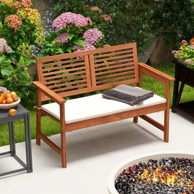 Costway Patio Bench Outdoor Solid Wood Loveseat Chair With Backrest & Cushion Porch Garden 4 Costway Patio Bench Outdoor Solid Wood Loveseat Chair With Backrest & Cushion Porch Garden - Image 4