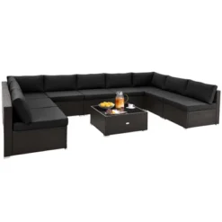 Costway 10 PCS Patio Rattan Furniture Set Outdoor Wicker Sofa Table Cushioned Seat Black/Brown -Outdoor Deals Garden Store GUEST 3d4b0a9d 5cab 49c0 bf16 7333b7985011