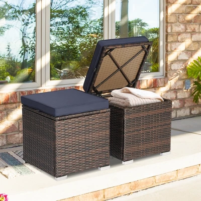 Costway 2PCS Patio Rattan Ottomans Seat Side Table Storage Box Footstool W/Cushions Navy 2 Costway 2PCS Patio Rattan Ottomans Seat Side Table Storage Box Footstool W/Cushions Navy - Image 2