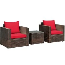 Costway 3PCS Patio Rattan Furniture Set Conversation Sofa Cushioned TurquoiseRed