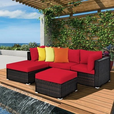 Costway 5PCS Patio Rattan Furniture Set Sectional Conversation Set Ottoman Table Red 2 Costway 5PCS Patio Rattan Furniture Set Sectional Conversation Set Ottoman Table Red - Image 2