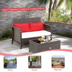 Costway 2PCS Patio Rattan Wicker Love-seat Coffee Table Set Cushioned Bench Garden Deck -Outdoor Deals Garden Store GUEST 418aa4c9 22a6 4c24 982d 53d834750f61