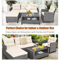 Costway 4PCS Patio Rattan Furniture Set Sofa Ottoman Cushion Garden Deck White/Gray -Outdoor Deals Garden Store GUEST 4248c117 6d9d 40ef 9ae1 afaed45f392e