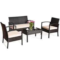 Costway Patio Rattan 4PCS Conversation Furniture Set Cushioned Seat Glass Table