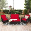 Costway 5PCS Patio Rattan Furniture Set Loveseat Sofa Ottoman W/RedWhite Cushion