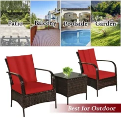 Costway 3 PCS Patio Rattan Furniture Set Coffee Table & 2 Rattan Chair W/Red Cushions -Outdoor Deals Garden Store GUEST 43899ada 5be3 45e6 8ffe 0015dfa00aa5
