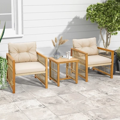 Costway 3PCS Patio PE Wicker Conversation Set Acacia Wood Frame WithSeat & Back Cushions 1 Costway 3PCS Patio PE Wicker Conversation Set Acacia Wood Frame WithSeat & Back Cushions