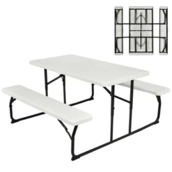 Costway Folding Picnic Table & Bench Set For Camping BBQ W/ Steel Frame White/Balck -Outdoor Deals Garden Store GUEST 4436ca84 2804 4525 8a20 cfe70ffe80b7