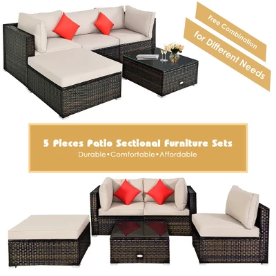 Costway 5PCS Outdoor Patio Rattan Furniture Set Sectional Conversation Beige Cushion 6 Costway 5PCS Outdoor Patio Rattan Furniture Set Sectional Conversation Beige Cushion - Image 6